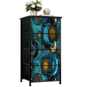Celestial Sun & Moon 4-Drawer Dresser – Boho Cosmic Bedroom Storage Chest with Faux Leather Finish, UV Printed Stars Design, Ships from USA