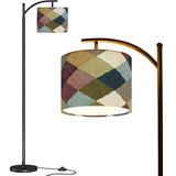 Patchwork Pattern Arc Floor Lamp – Custom Linen Shade with Black Metal Base | Designed in Florida, Made in USA