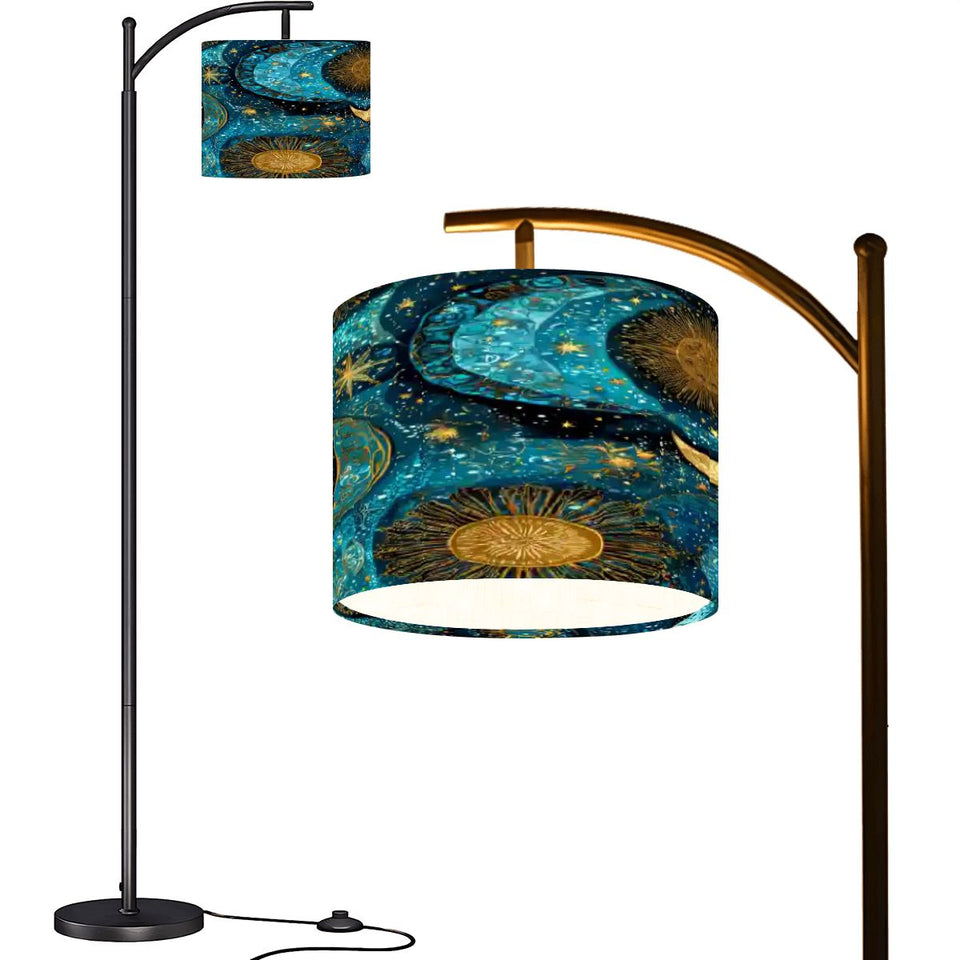 Celestial Blue & Gold Arc Floor Lamp – Astrology Moon & Sun Linen Shade | Adjustable Remote-Control Light | Made in USA