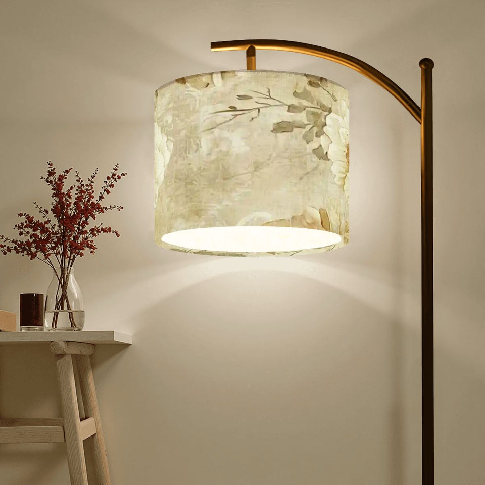 Neutral Boho Linen Arc Floor Lamp – Minimalist Beige Floral Shade | Adjustable Remote-Control LED Light | Made in USA