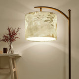 Neutral Boho Linen Arc Floor Lamp – Minimalist Beige Floral Shade | Adjustable Remote-Control LED Light | Made in USA