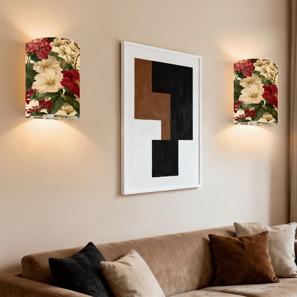 Floral Linen Wall Sconces set of 2 with Remote Control | Battery Powered RGB Wall Lamps | Vintage Botanical Lighting