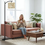 Boho Botanical Arc Floor Lamp – Beige Linen Shade with Leaf Pattern | Cozy Modern Lighting Floor Lamp (Made in USA), Home Decor Lighting, Standing Floor Lamp