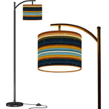Southwestern Striped Arc Floor Lamp – Custom Linen Shade with Black Metal Base | Designed in Florida, Made in USA