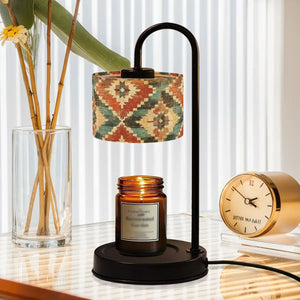 Boho Southwestern Candle Warmer Lamp – Aztec Geometric Linen Shade | Adjustable Wax Melt Lamp with Remote