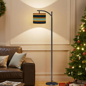 Southwestern Striped Arc Floor Lamp – Custom Linen Shade with Black Metal Base | Designed in Florida, Made in USA