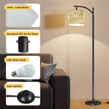 Neutral Boho Linen Arc Floor Lamp – Minimalist Beige Floral Shade | Adjustable Remote-Control LED Light | Made in USA