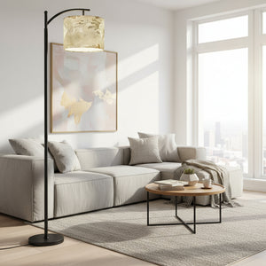 Neutral Boho Linen Arc Floor Lamp – Minimalist Beige Floral Shade | Adjustable Remote-Control LED Light | Made in USA