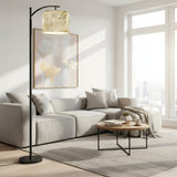 Neutral Boho Linen Arc Floor Lamp – Minimalist Beige Floral Shade | Adjustable Remote-Control LED Light | Made in USA