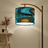 Celestial Blue & Gold Arc Floor Lamp – Astrology Moon & Sun Linen Shade | Adjustable Remote-Control Light | Made in USA