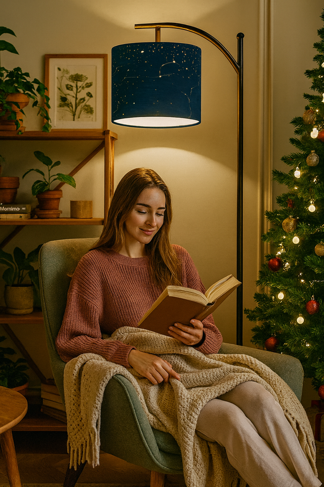 Midnight Constellation Arc Floor Lamp – Custom Linen Shade with Black Metal Base | Designed by Me, Ships from California