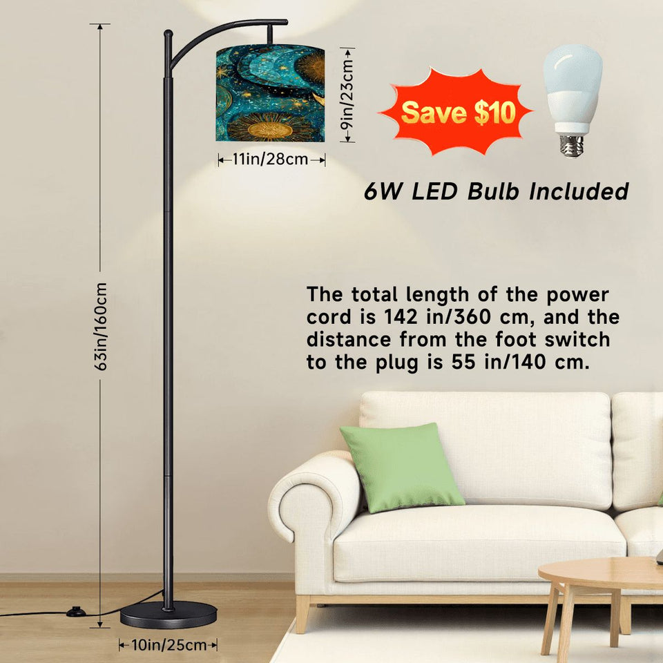 Celestial Blue & Gold Arc Floor Lamp – Astrology Moon & Sun Linen Shade | Adjustable Remote-Control Light | Made in USA