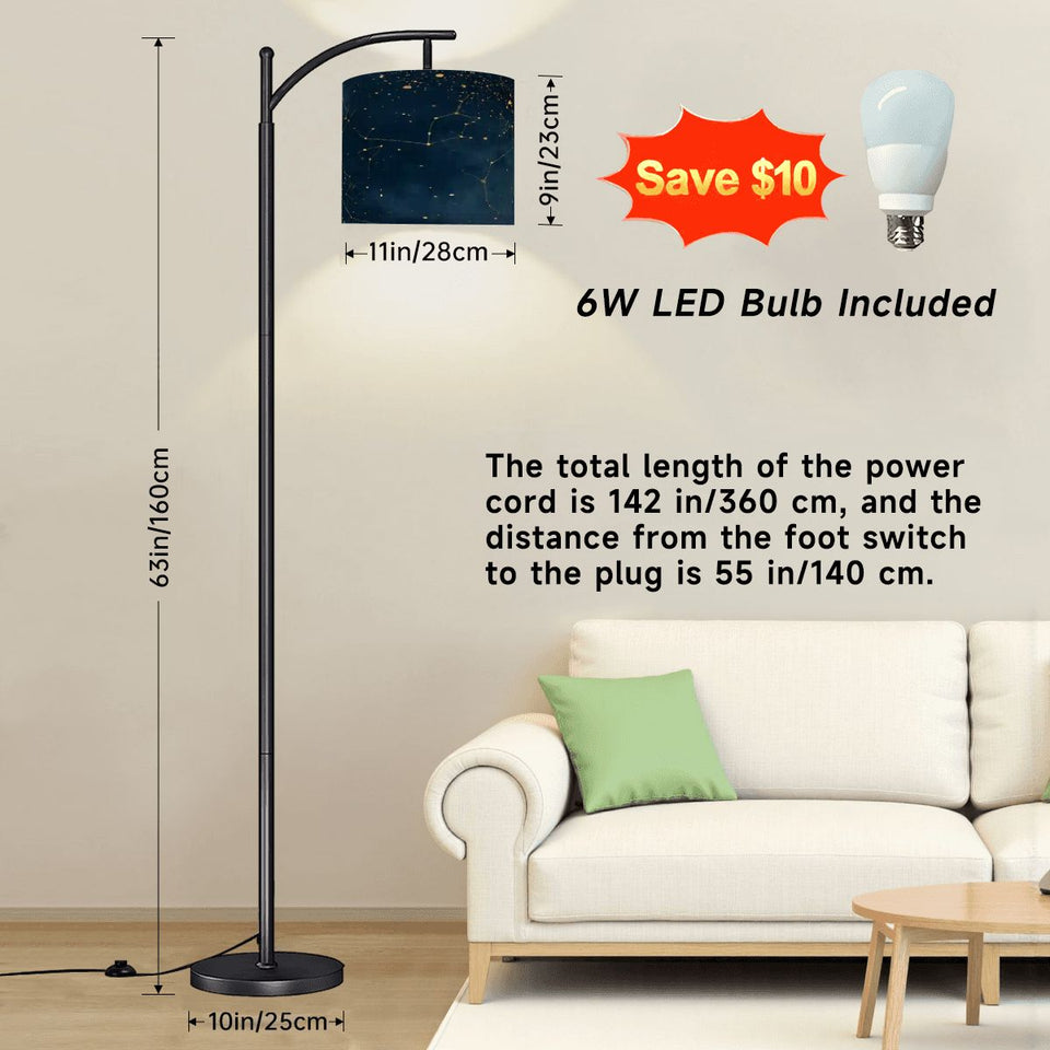 Midnight Constellation Arc Floor Lamp – Custom Linen Shade with Black Metal Base | Designed by Me, Ships from California