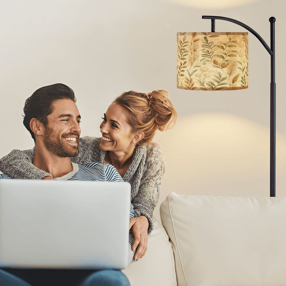 Boho Botanical Arc Floor Lamp – Beige Linen Shade with Leaf Pattern | Cozy Modern Lighting Floor Lamp (Made in USA), Home Decor Lighting, Standing Floor Lamp