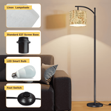 Boho Botanical Arc Floor Lamp – Beige Linen Shade with Leaf Pattern | Cozy Modern Lighting Floor Lamp (Made in USA), Home Decor Lighting, Standing Floor Lamp