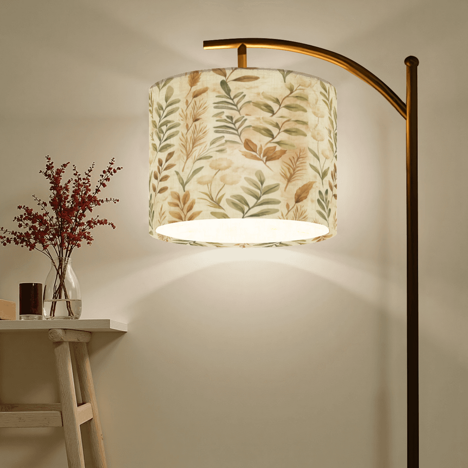 Boho Botanical Arc Floor Lamp – Beige Linen Shade with Leaf Pattern | Cozy Modern Lighting Floor Lamp (Made in USA), Home Decor Lighting, Standing Floor Lamp