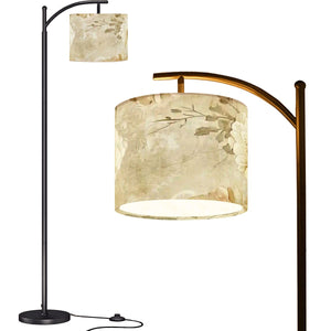 Neutral Boho Linen Arc Floor Lamp – Minimalist Beige Floral Shade | Adjustable Remote-Control LED Light | Made in USA