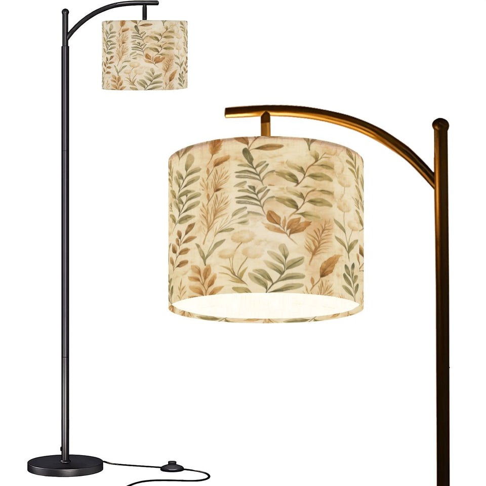Boho Botanical Arc Floor Lamp – Beige Linen Shade with Leaf Pattern | Cozy Modern Lighting Floor Lamp (Made in USA), Home Decor Lighting, Standing Floor Lamp
