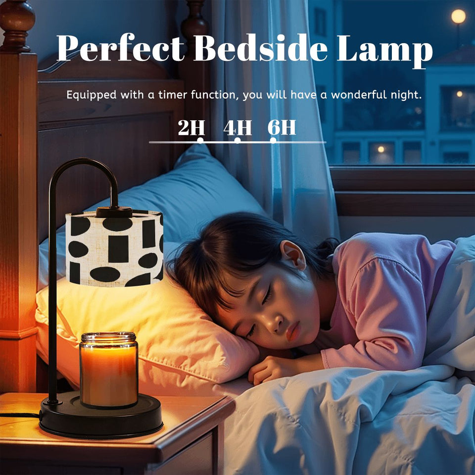 Modern Abstract Candle Warmer Lamp – Black & Cream Geometric Linen Shade | Remote-Control Adjustable Wax Melt Lamp