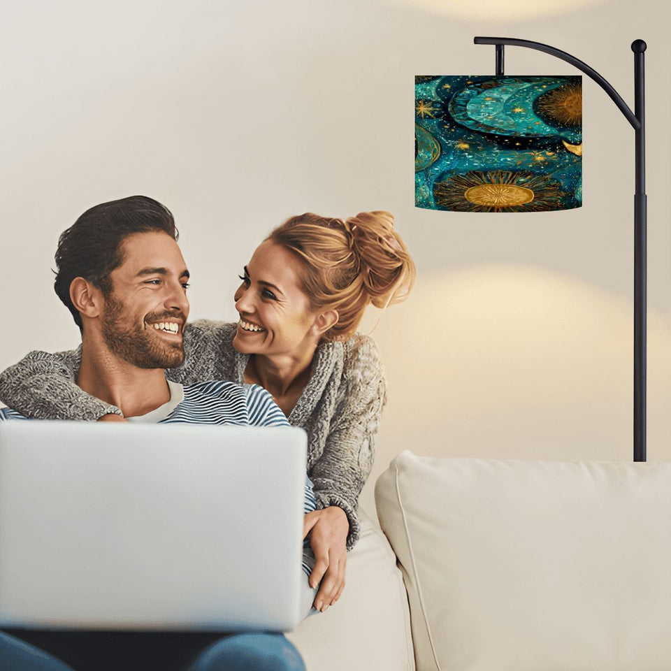 Celestial Blue & Gold Arc Floor Lamp – Astrology Moon & Sun Linen Shade | Adjustable Remote-Control Light | Made in USA