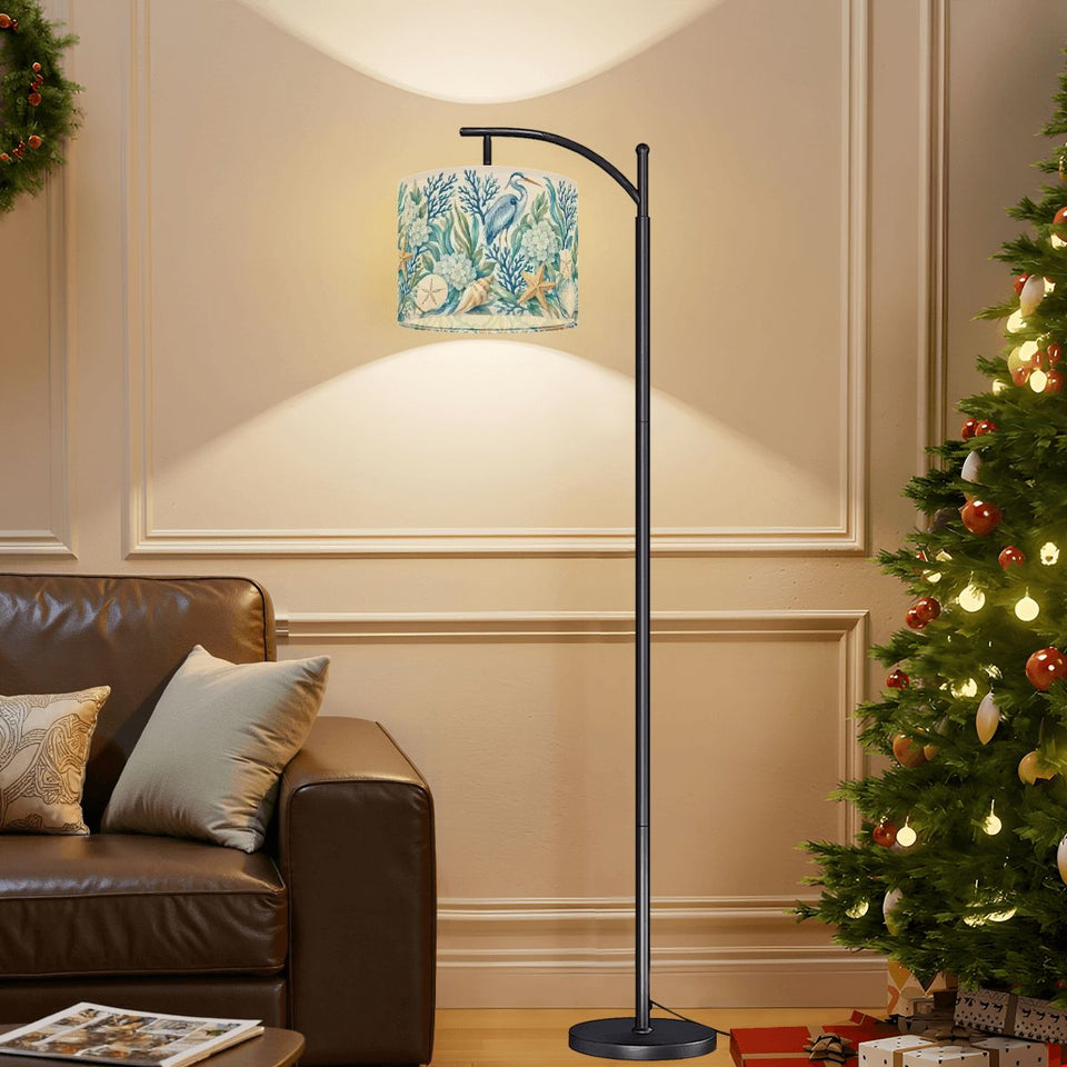 Blue coastal chinoiserie arc floor lamp with heron, coral and starfish print shade – view 4