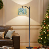 Blue coastal chinoiserie arc floor lamp with heron, coral and starfish print shade – view 4
