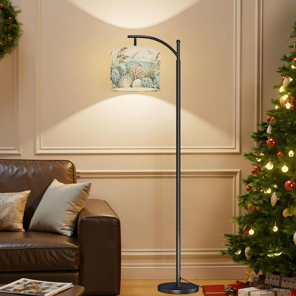 Coastal seashell arc floor lamp with beach grass and hydrangea print shade – view 4