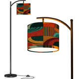 Mid-Century Modern Arc Floor Lamp - Abstract Teal & Rust Geometric Print (Made in USA)