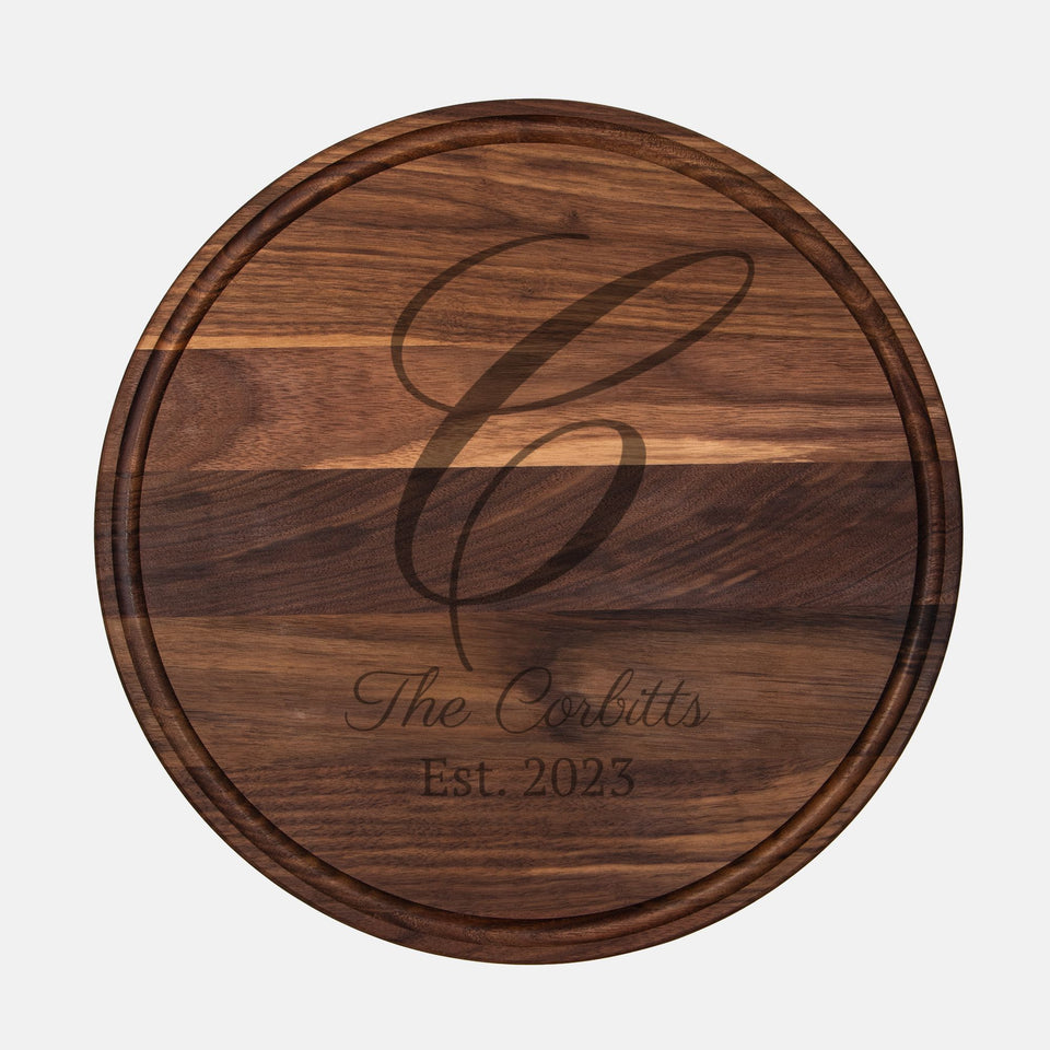 Personalized Round Charcuterie Board with Groove - 13.5” x 13.5”, Wedding Gift, Choice of Maple or Walnut