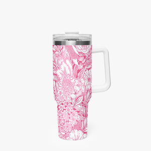 Pink and White Floral Design Pattern 40oz Car Tumbler Cup, Large Water Tumbler with Handle, Gift Idea for Christmas, Birthday, Bestie, Coworker