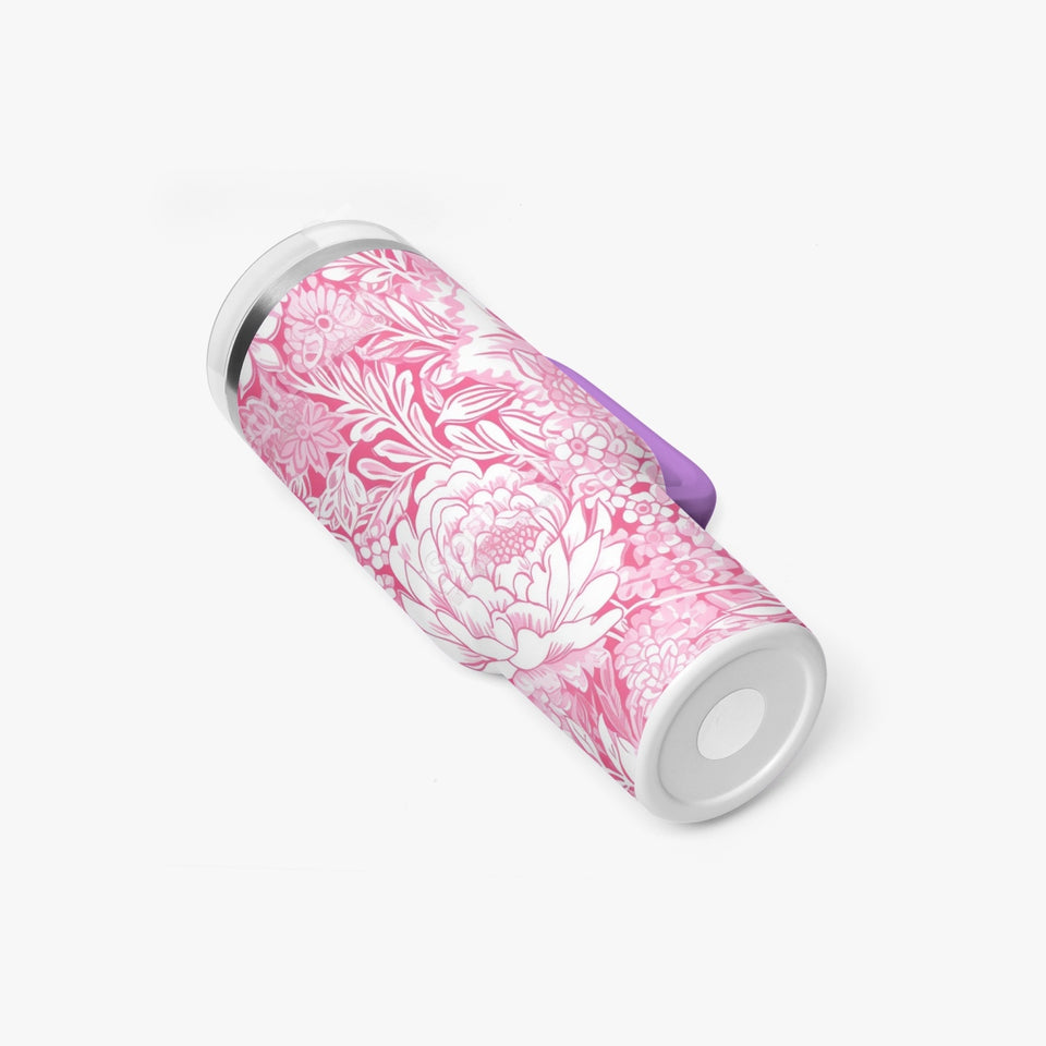 Pink and White Floral Design Pattern 40oz Car Tumbler Cup, Large Water Tumbler with Handle, Gift Idea for Christmas, Birthday, Bestie, Coworker