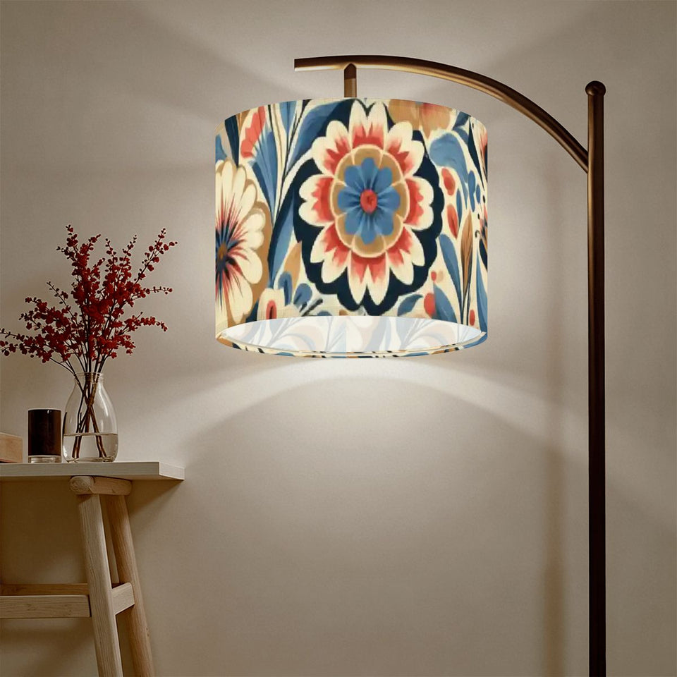 Boho floral drum lamp shade with ring in navy, coral and cream – view 6