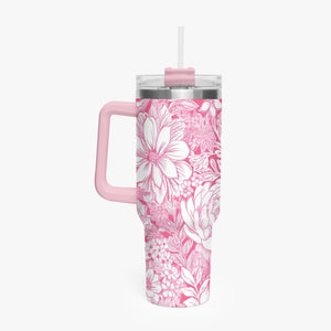 Pink and White Floral Design Pattern 40oz Car Tumbler Cup, Large Water Tumbler with Handle, Gift Idea for Christmas, Birthday, Bestie, Coworker