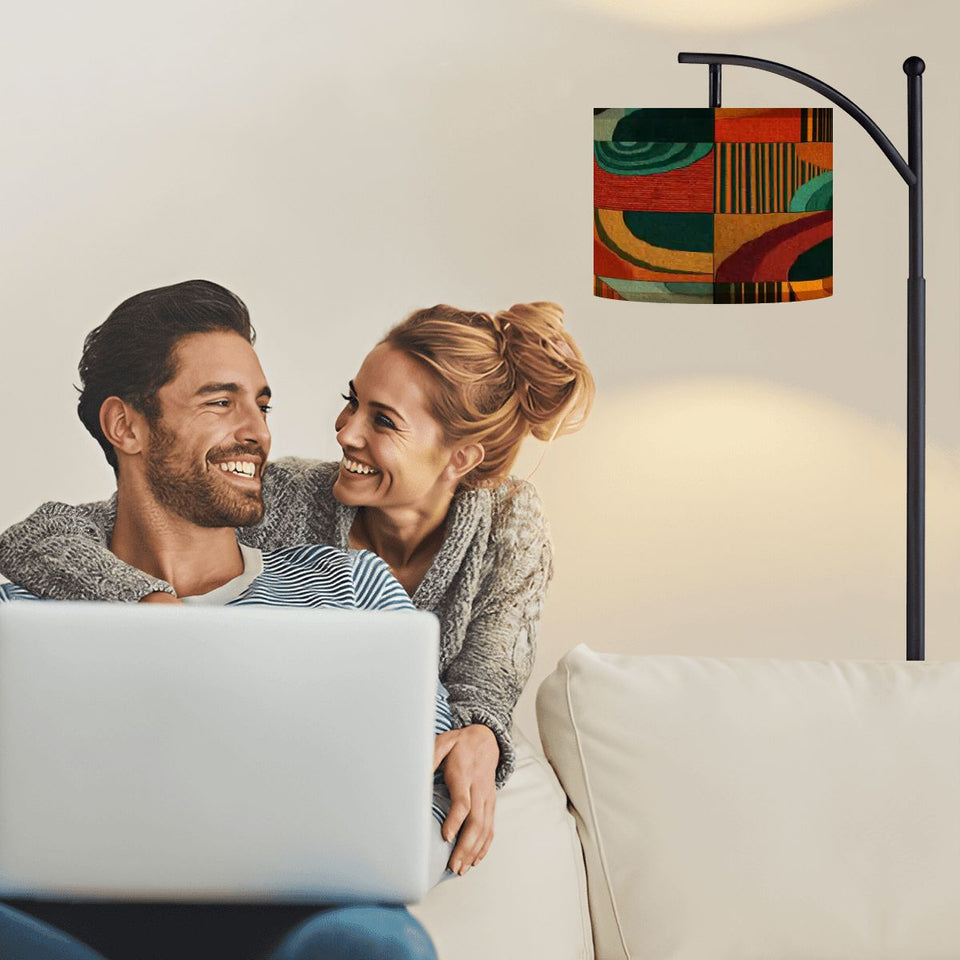 Mid-Century Modern Arc Floor Lamp - Abstract Teal & Rust Geometric Print (Made in USA)