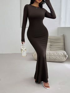 Devine Backless Round Neck Long Sleeve Maxi Dress