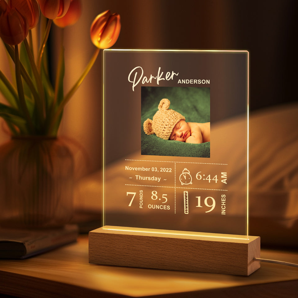 Custom Baby Birth Info Night Light – Personalized Photo Acrylic Lamp Newborn Keepsake Gift & Home Decor