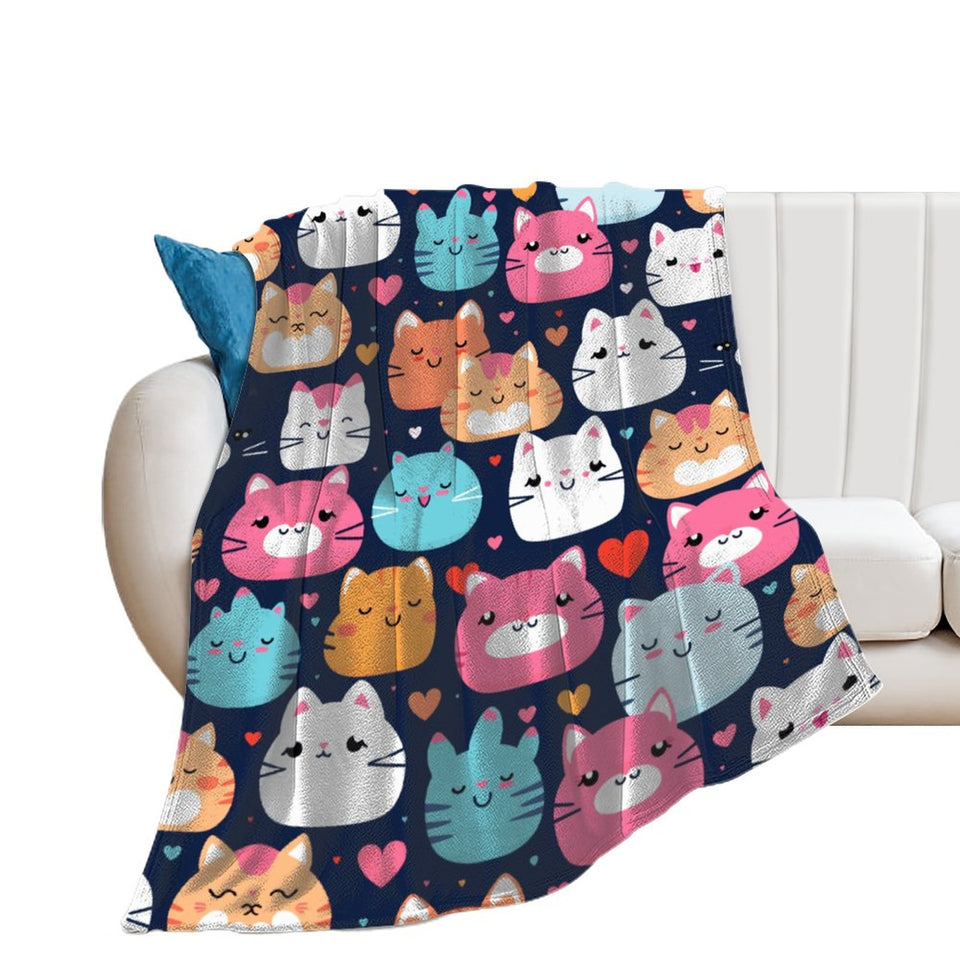 Cartoon Cats Flannel Throw Blanket, 250gsm  Blanket-60"x80", unique gift idea for her, gift for baby, kids, cat lovers