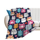 Cartoon Cats Flannel Throw Blanket, 250gsm  Blanket-60"x80", unique gift idea for her, gift for baby, kids, cat lovers