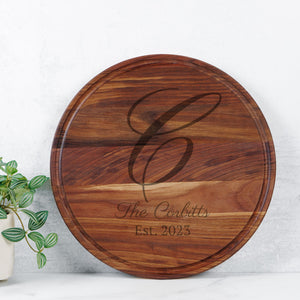 Personalized Round Charcuterie Board with Groove - 13.5” x 13.5”, Wedding Gift, Choice of Maple or Walnut