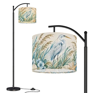 Coastal arc floor lamp with blue heron egret and beach grass print shade
