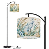 Coastal arc floor lamp with blue heron egret and beach grass print shade