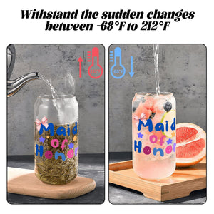 Maid of Honor Glass Tumbler with Straw & Bamboo Lid  (16oz), Bridal Party Gift, 16 ounce glass tumbler
