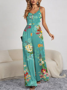 Buttoned Charm: Spaghetti Strap Wide Leg Jumpsuit