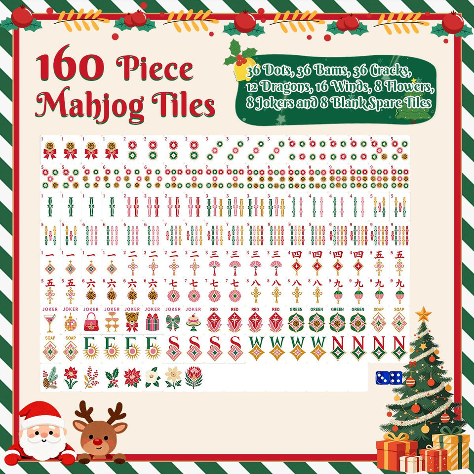 Glam Holiday Christmas Mahjong Tile Set – 160 Piece Acrylic Tiles with Jokers | Box or Bag Set