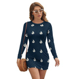 Sailboat Pattern Long Sleeve Mini Dress  (All-Over Printing)