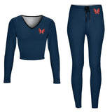 Butterfly Navy V neck Cropped Sweatshirt Set  NZ153 (All-Over Printing), Trendy Style, Butterfly fan gift