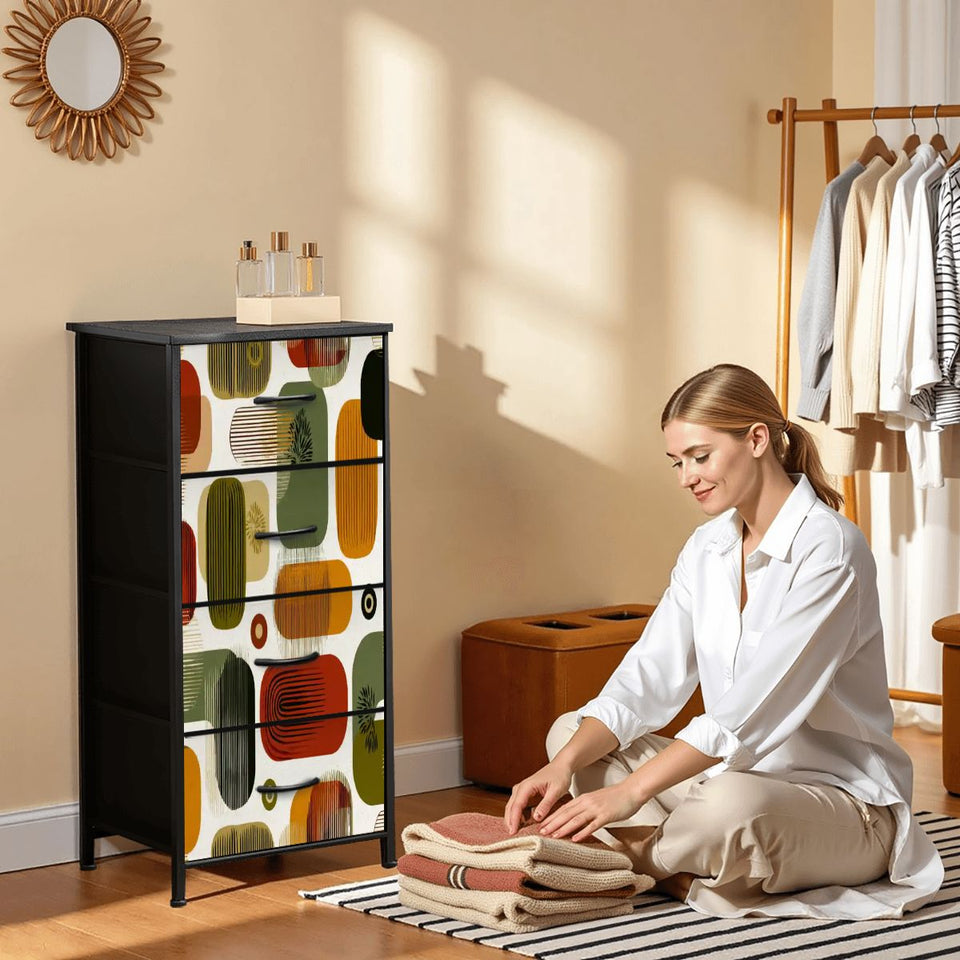 Mid-Century Modern Geometric 4-Drawer Dresser – Retro Abstract Pattern Storage Chest with Faux Leather Finish, Metal Frame & Fabric Drawers