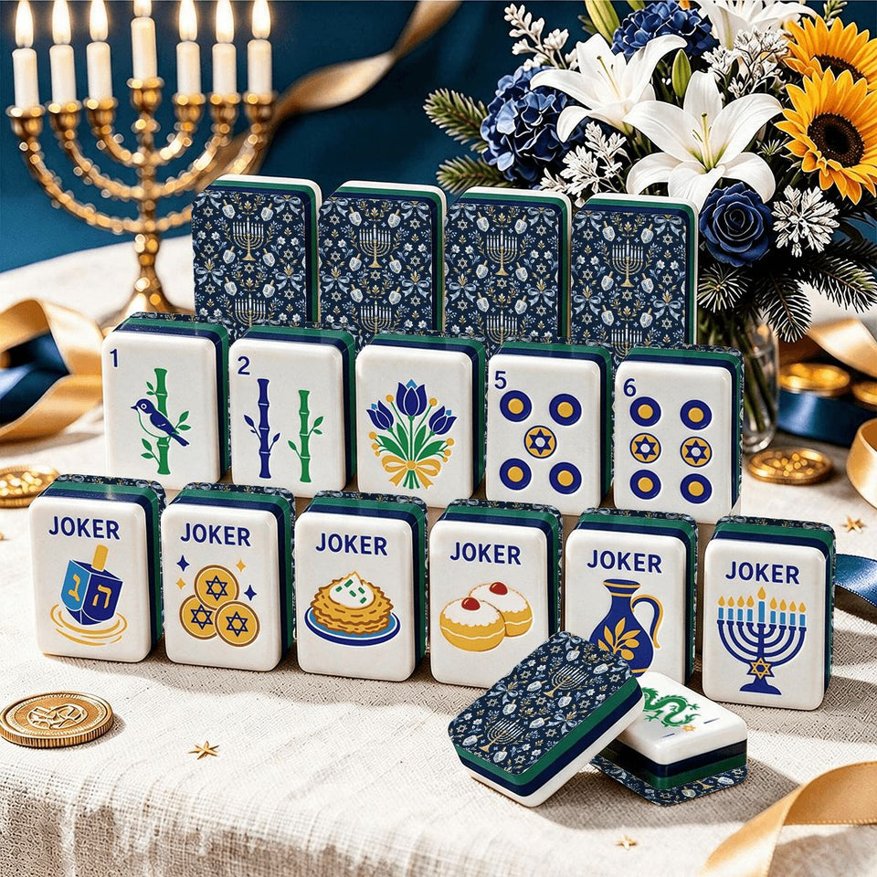 Heritage Hanukkah American Mahjong tile set with menorah and dreidel joker tiles