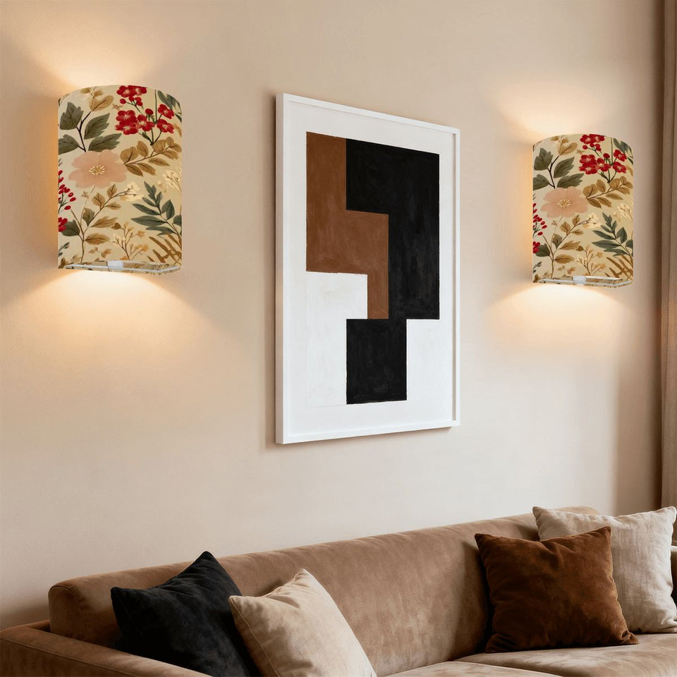 Red & Cream Floral Linen Wall Sconce Lamp – Cordless Remote-Control Accent Light, Set of 2