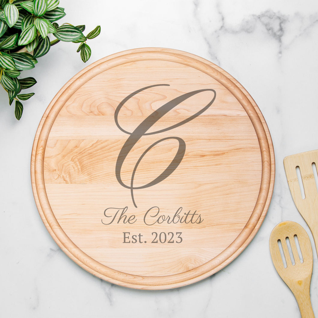 Personalized Round Charcuterie Board with Groove - 13.5” x 13.5”, Wedding Gift, Choice of Maple or Walnut